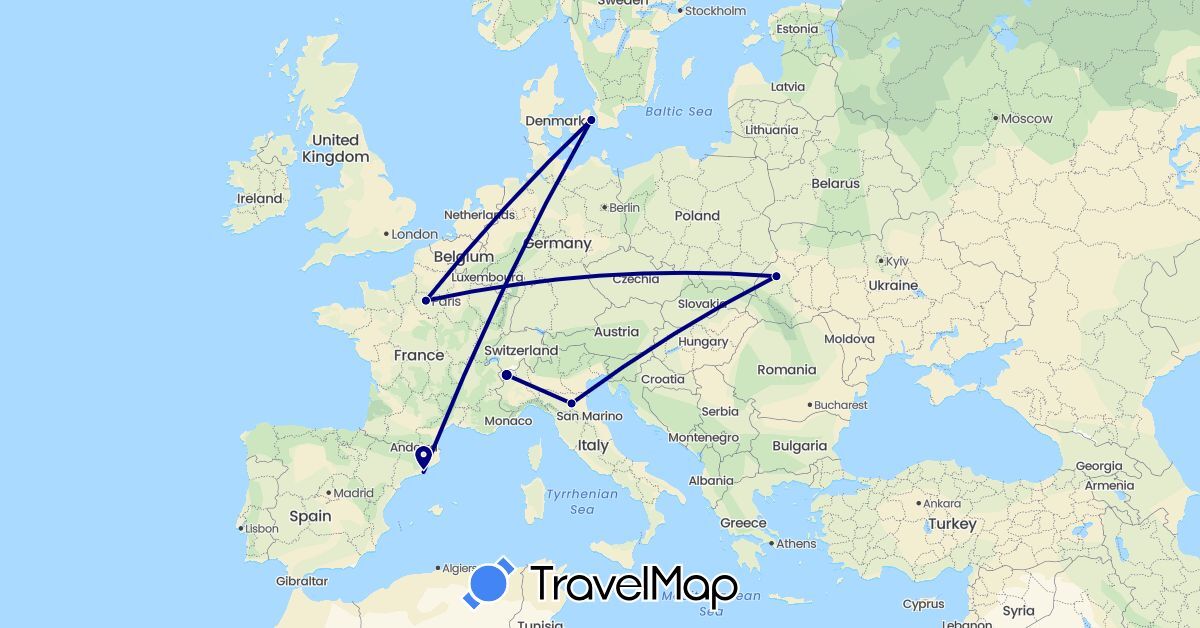 TravelMap itinerary: driving in Denmark, Spain, France, Italy, Ukraine (Europe)